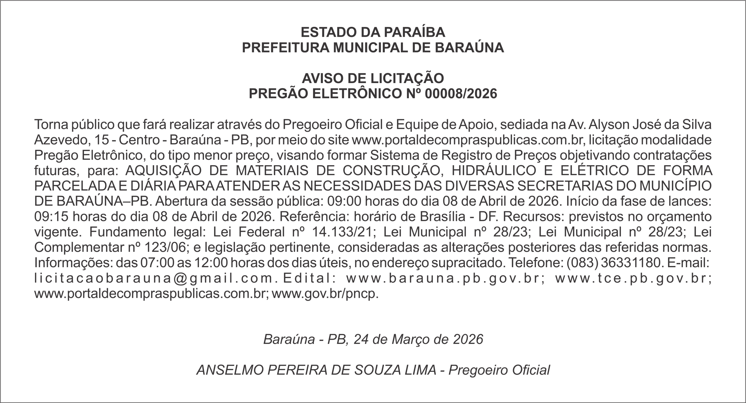 PREFEITURA MUNICIPAL DE BARAÚNA – AVISO DE LICITAÇÃO – PREGÃO ELETRÔNICO Nº 00008/2026