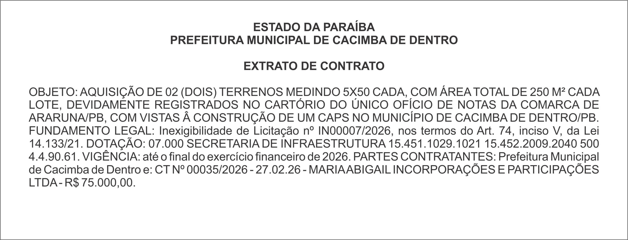 PREFEITURA MUNICIPAL DE CACIMBA DE DENTRO  EXTRATO DE CONTRATO