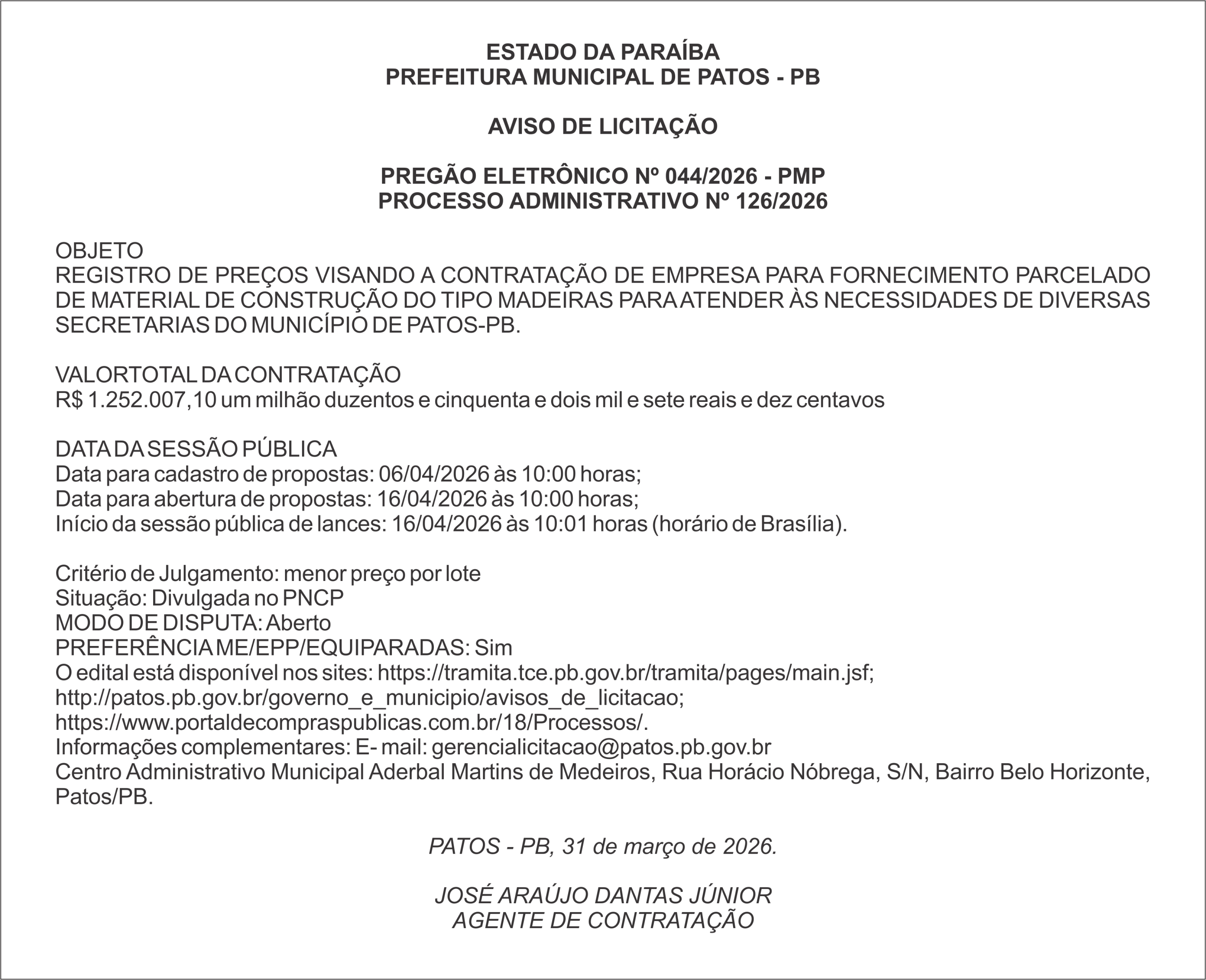 PREFEITURA MUNICIPAL DE PATOS – PB – PREGÃO ELETRÔNICO Nº 044/2026 – PMP