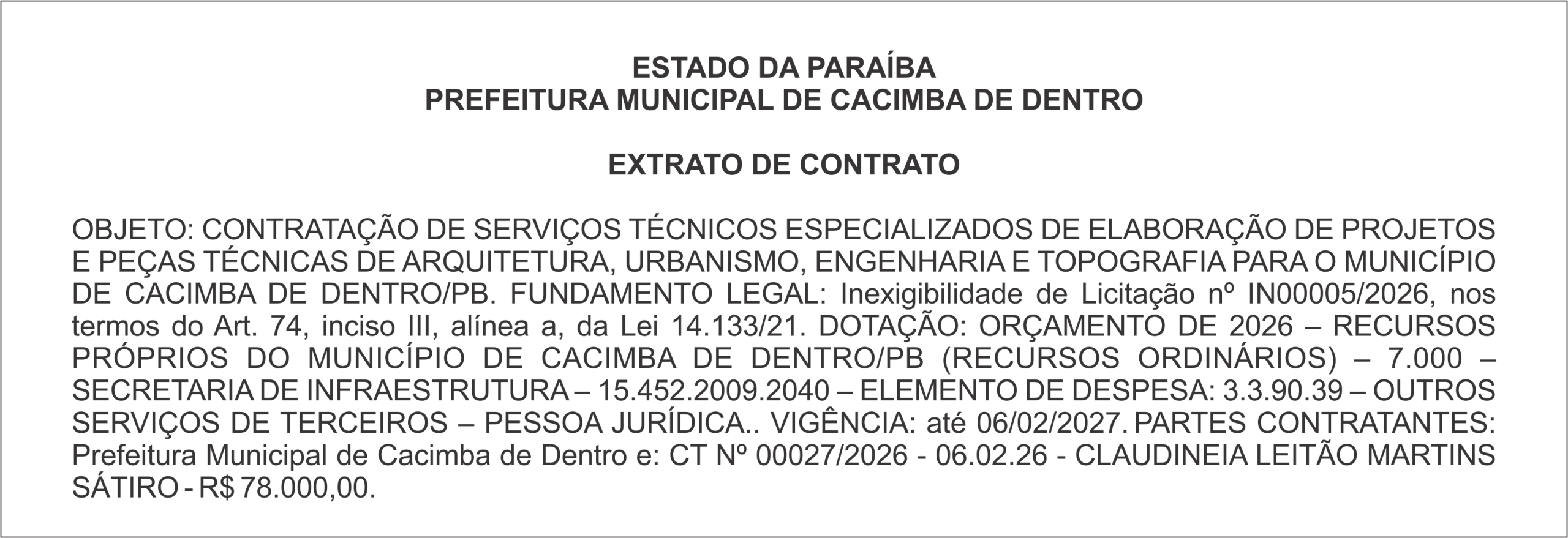 PREFEITURA MUNICIPAL DE CACIMBA DE DENTRO EXTRATO DE CONTRATO
