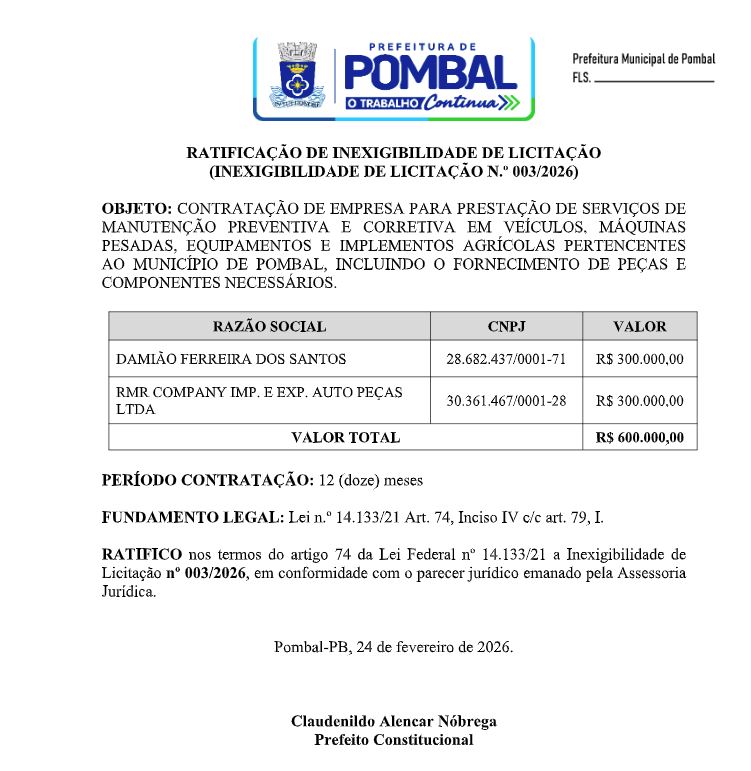 PREFEITURA MUNICIPAL DE POMBAL – RATIFICAÇÃO DE INEXIGIBILIDADE DE LICITAÇÃO (INEXIGIBILIDADE DE LICITAÇÃO N.º 003/2026)
