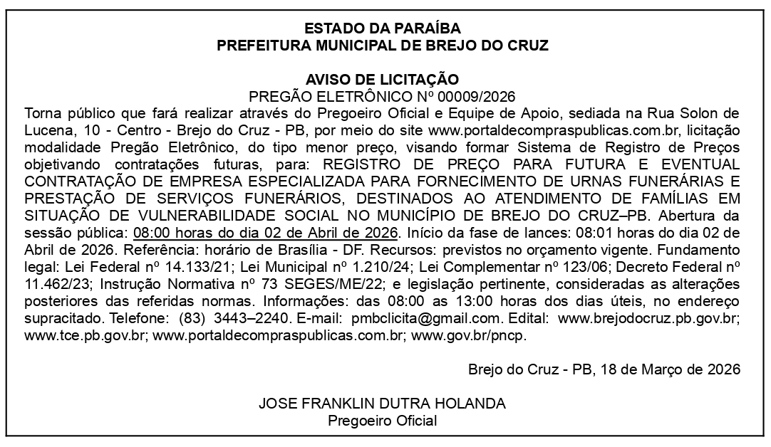 PREFEITURA MUNICIPAL DE BREJO DO CRUZ – AVISO DE LICITAÇÃO – PREGÃO ELETRÔNICO Nº 00009/2026