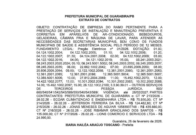 PREFEITURA MUNICIPAL DE GUARABIRA/PB EXTRATO DE CONTRATOS