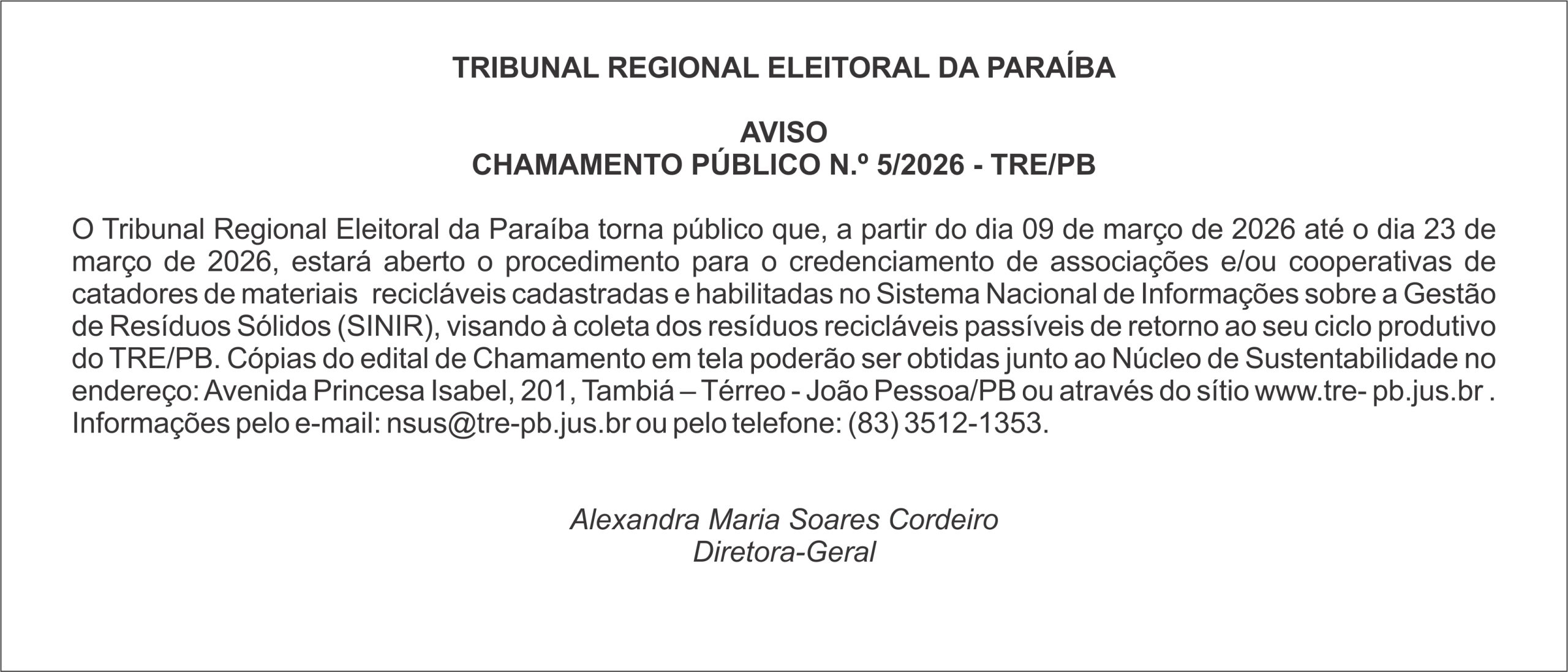 TRIBUNAL REGIONAL ELEITORAL DA PARAÍBA – AVISO  CHAMAMENTO PÚBLICO N.º 5/2026 – TRE/PB