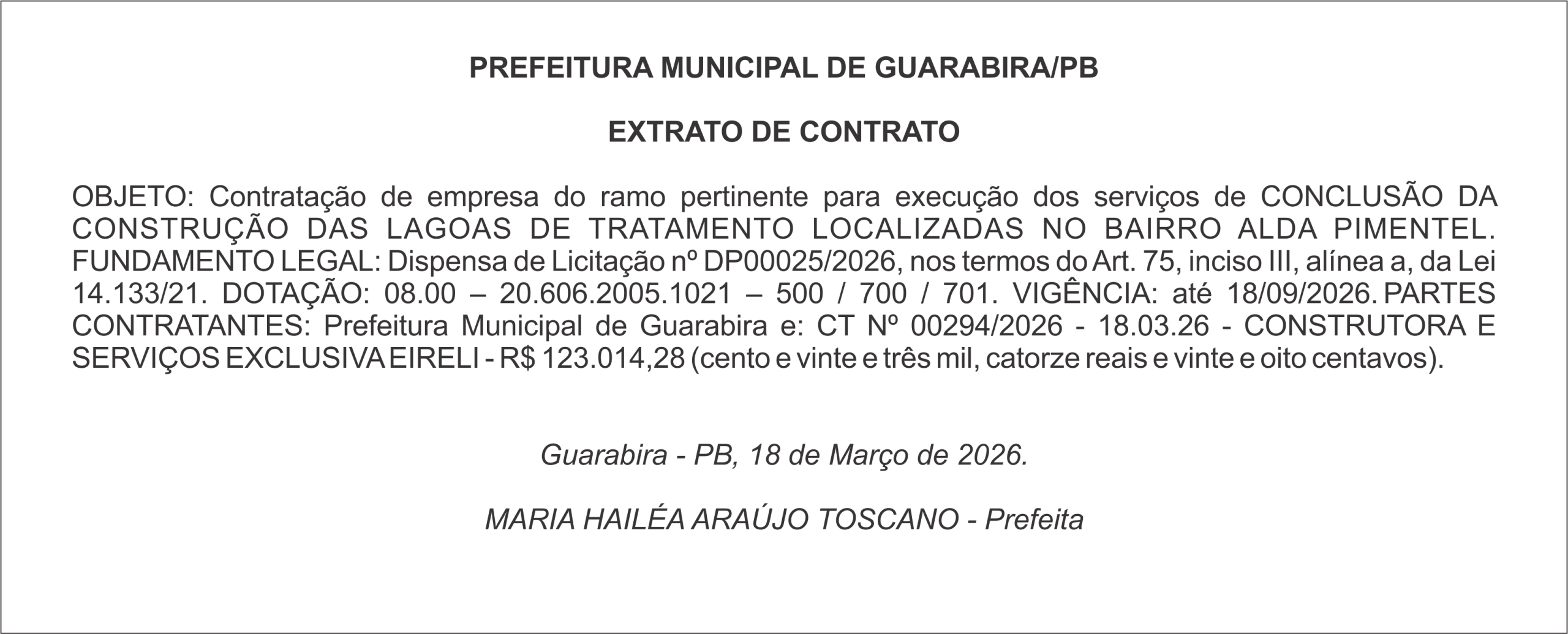 PREFEITURA MUNICIPAL DE GUARABIRA/PB EXTRATO DE CONTRATO