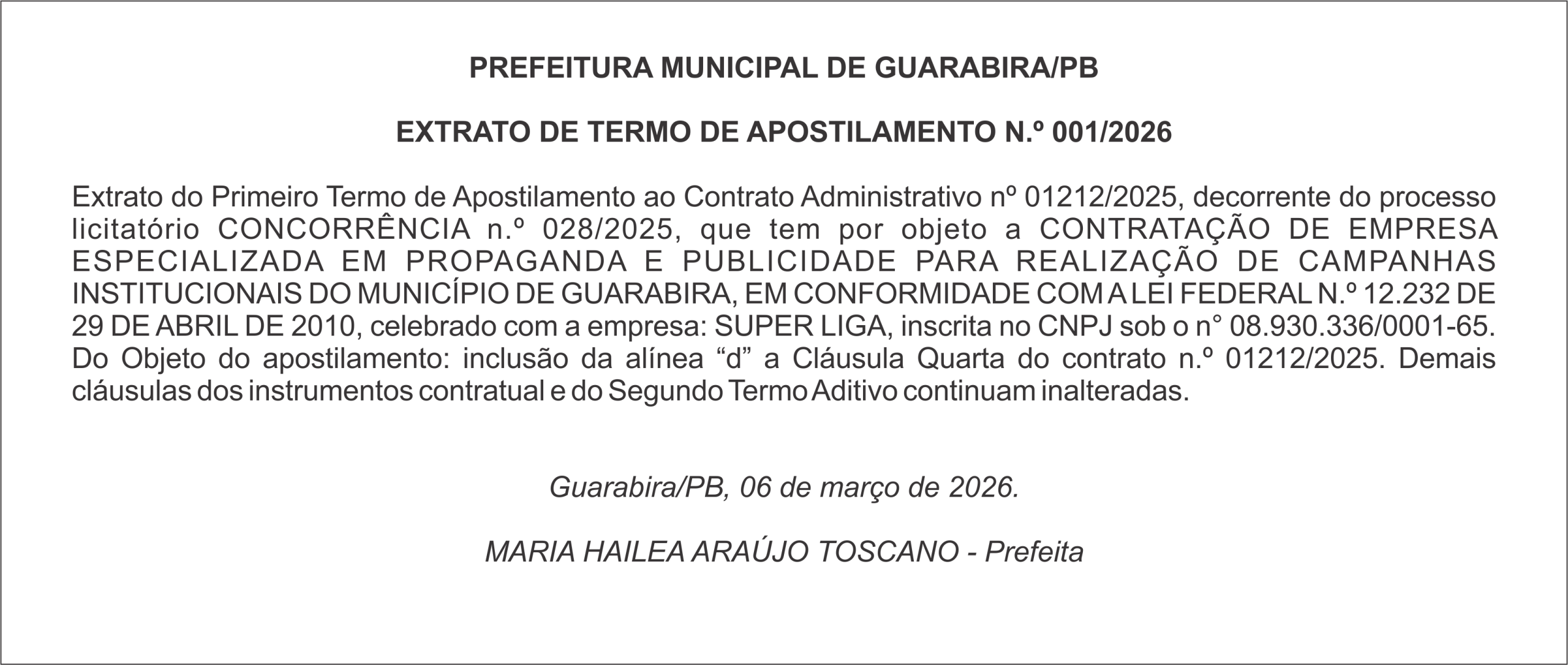 PREFEITURA MUNICIPAL DE GUARABIRA/PB EXTRATO DE TERMO DE APOSTILAMENTO N.º 001/2026