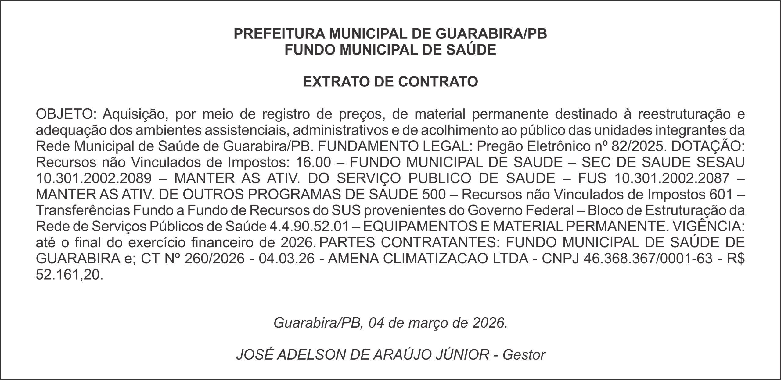 PREFEITURA MUNICIPAL DE GUARABIRA/PB FUNDO MUNICIPAL DE SAÚDE  EXTRATO DE CONTRATO