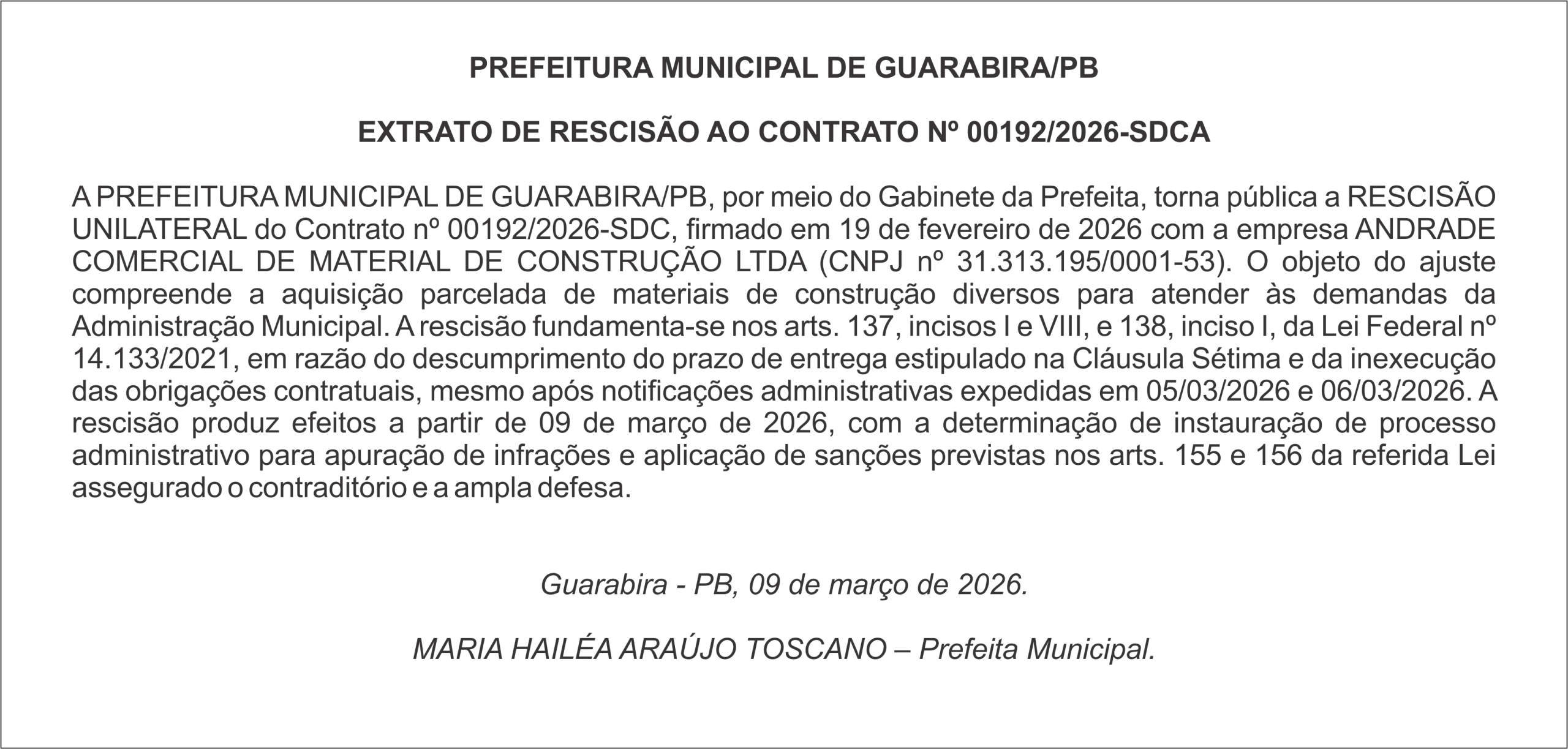 PREFEITURA MUNICIPAL DE GUARABIRA/PB  EXTRATO DE RESCISÃO AO CONTRATO Nº 00192/2026-SDCA