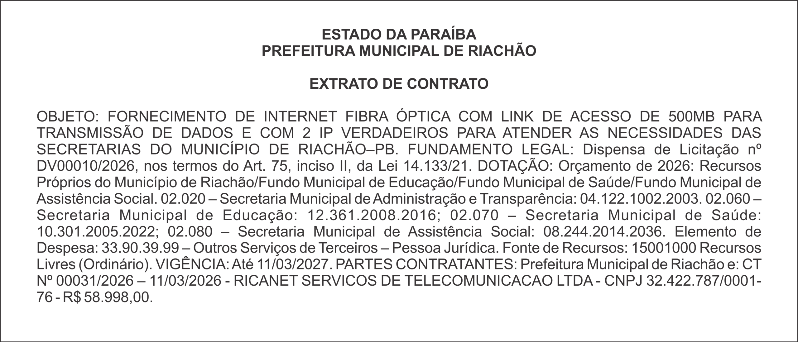 PREFEITURA MUNICIPAL DE RIACHÃO  EXTRATO DE CONTRATO