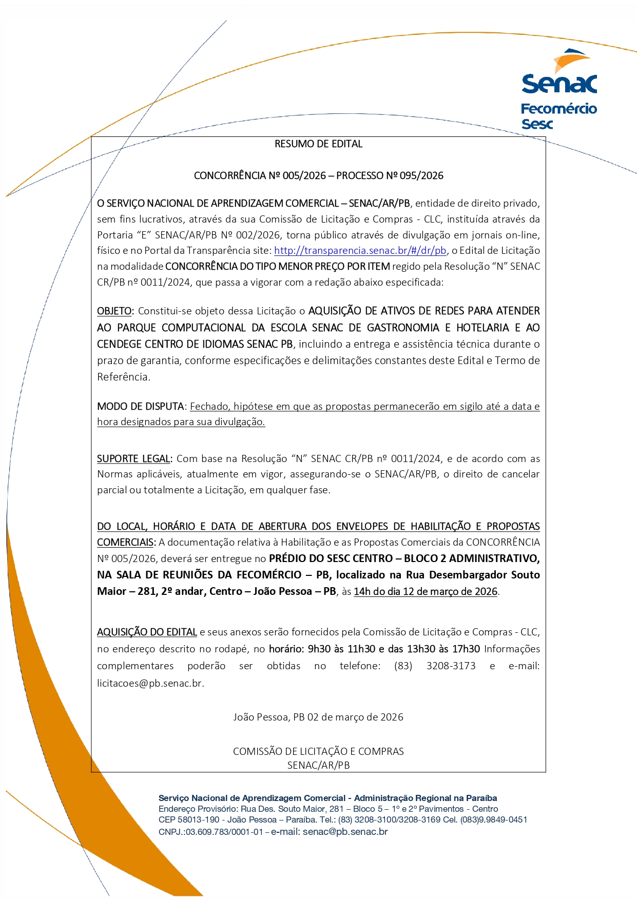 SENAC – RESUMO DE EDITAL  CONCORRÊNCIA No 005/2026 – PROCESSO No 095/2026