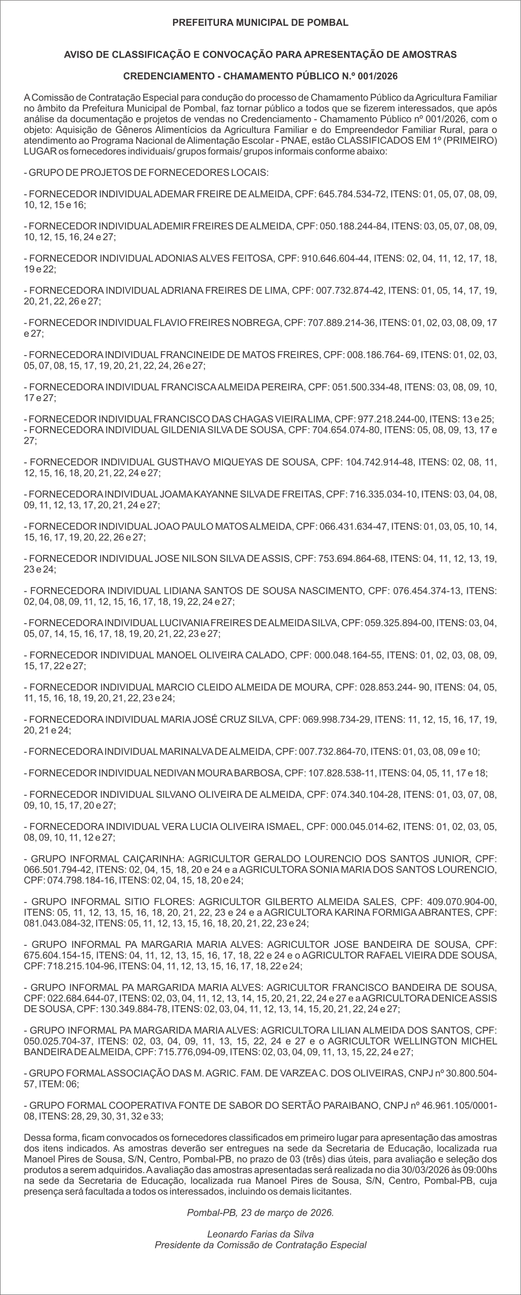 PREFEITURA MUNICIPAL DE POMBAL – AVISO DE CLASSIFICAÇÃO E CONVOCAÇÃO PARA APRESENTAÇÃO DE AMOSTRAS  CREDENCIAMENTO – CHAMAMENTO PÚBLICO N.º 001/2026