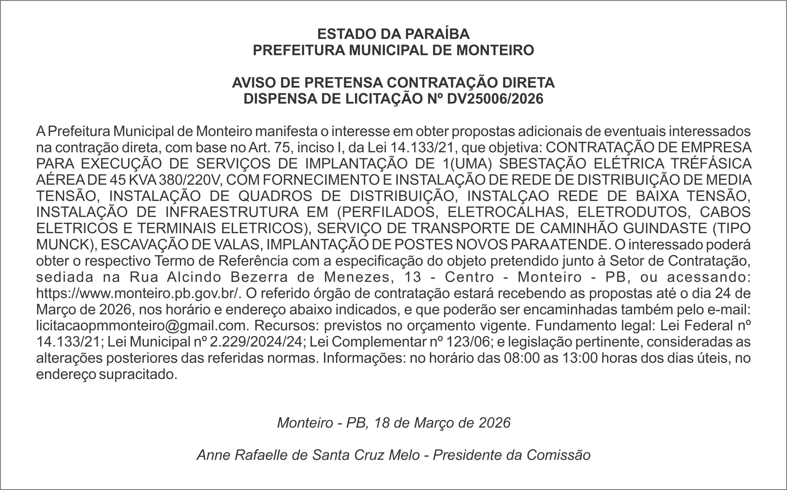 PREFEITURA MUNICIPAL DE MONTEIRO – AVISO DE PRETENSA CONTRATAÇÃO DIRETA DISPENSA DE LICITAÇÃO Nº DV25006/2026