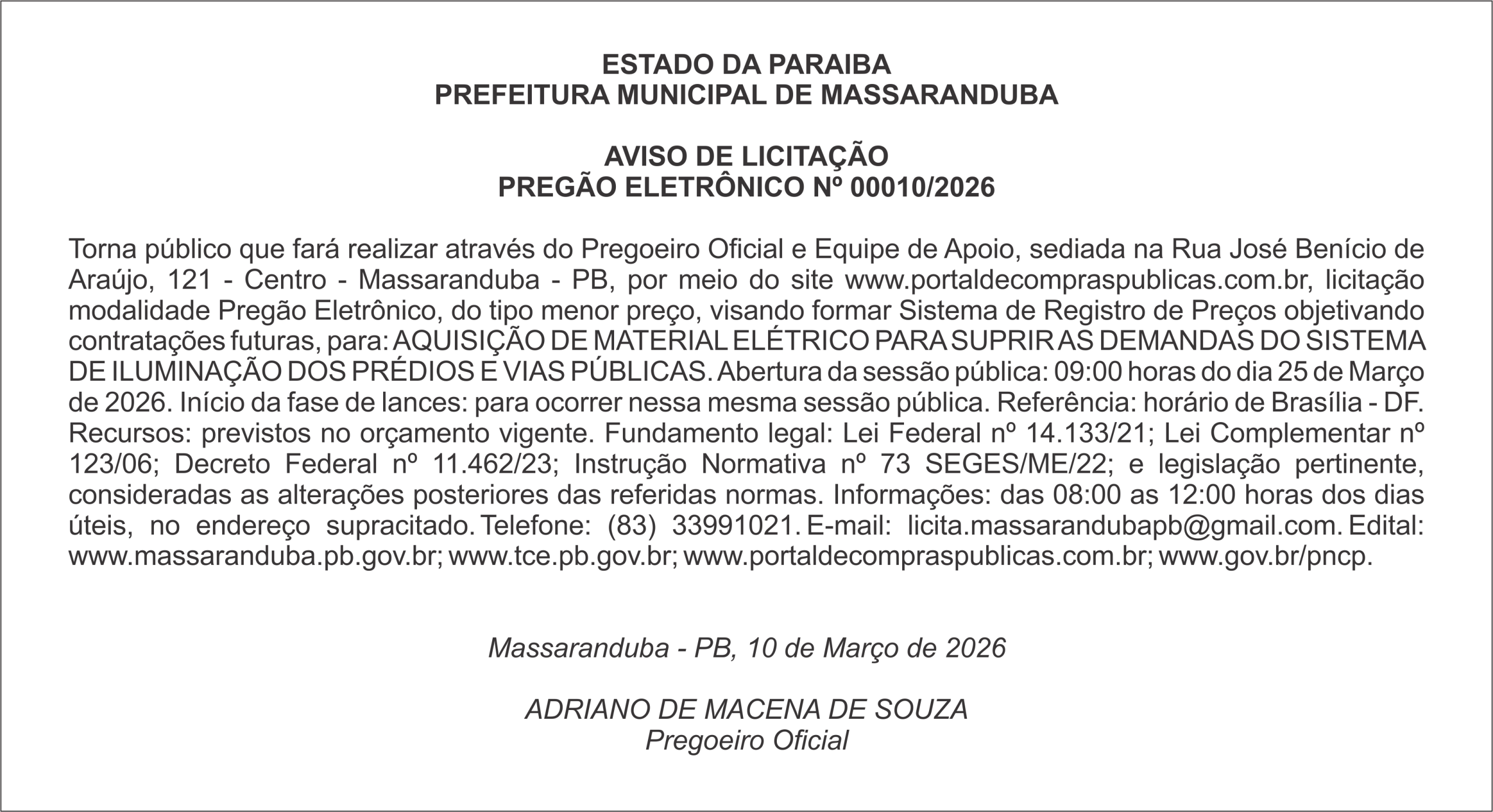 PREFEITURA MUNICIPAL DE MASSARANDUBA – AVISO DE LICITAÇÃO PREGÃO ELETRÔNICO Nº 00010/2026