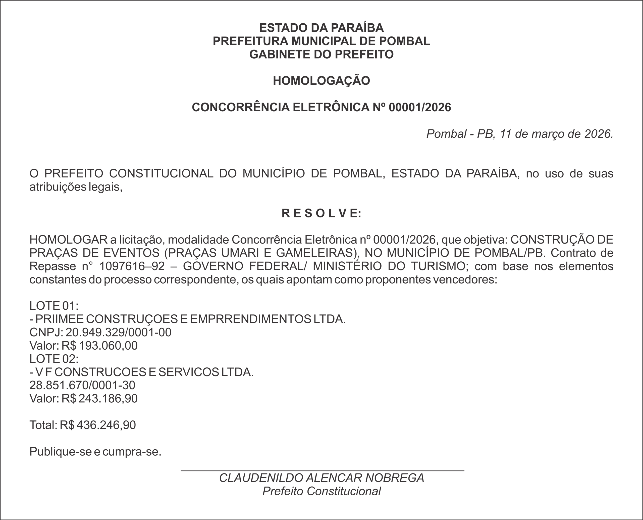 PREFEITURA MUNICIPAL DE POMBAL- HOMOLOGAÇÃO CONCORRÊNCIA ELETRÔNICA Nº 00001/2026