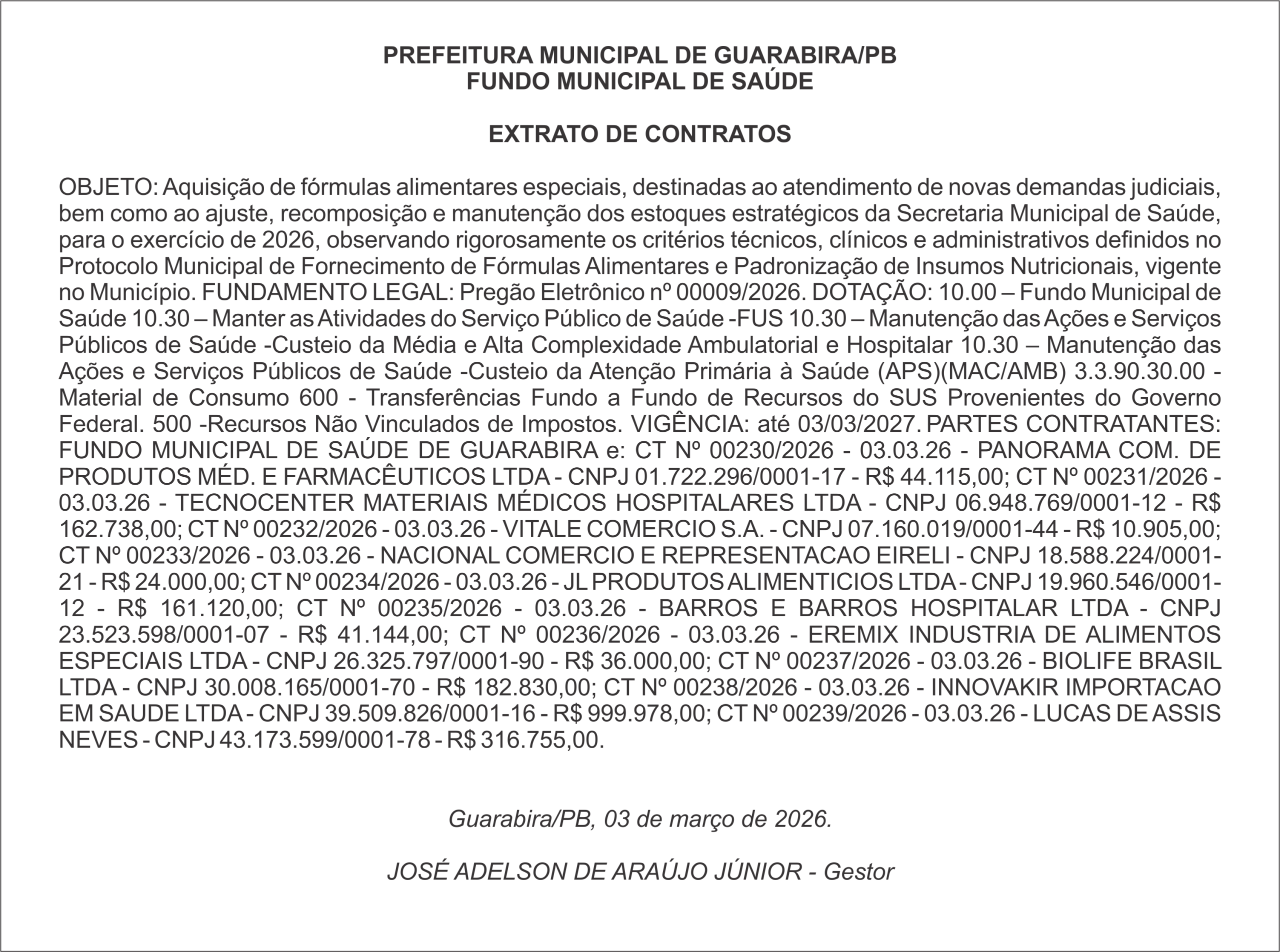 PREFEITURA MUNICIPAL DE GUARABIRA/PB FUNDO MUNICIPAL DE SAÚDE  EXTRATO DE CONTRATOS