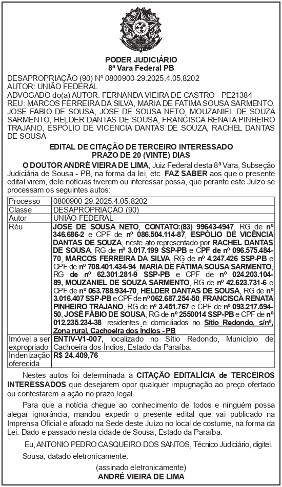 SECRETARIA NACIONAL DE SEGURANÇA HIDRICA – SNSH – MDR – DF – BRASÍLIA – Edital de Citação de Terceiro Interessado – ENTIV-V1-007 (JOSÉ DE SOUSA NETO)