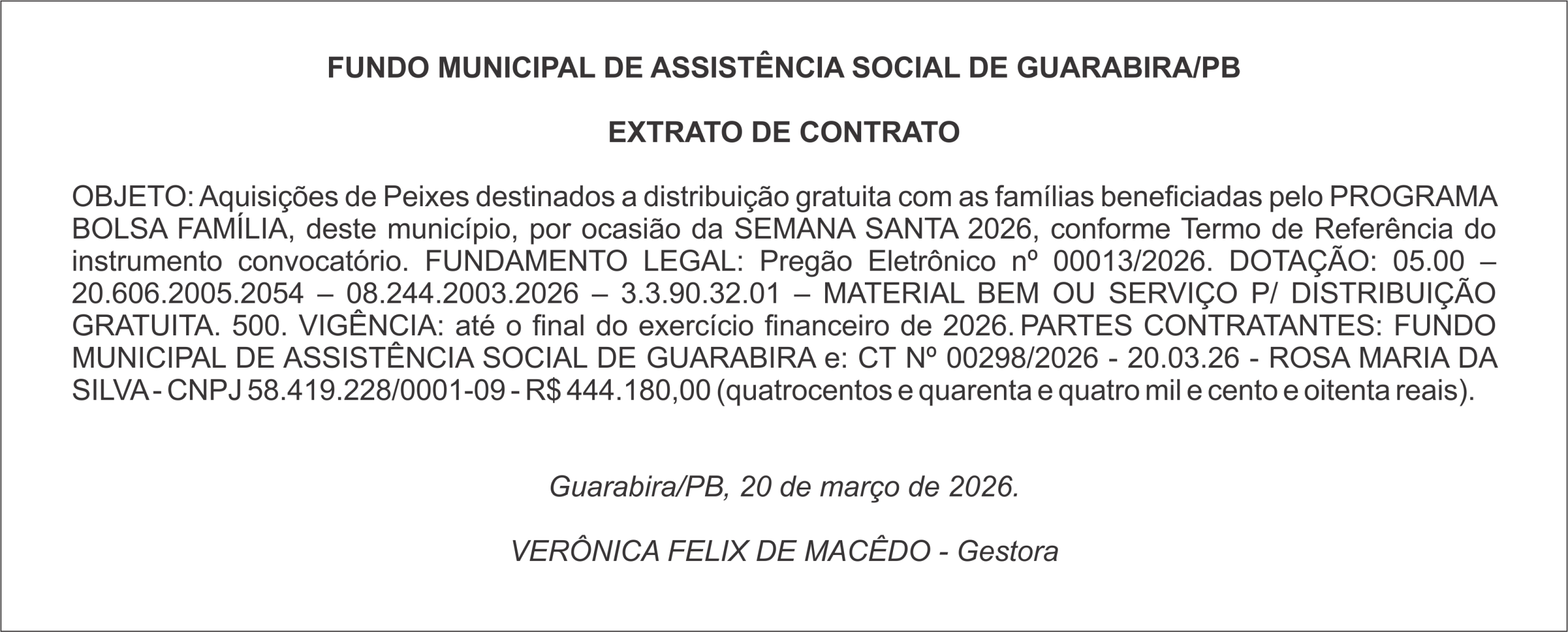 FUNDO MUNICIPAL DE ASSISTÊNCIA SOCIAL DE GUARABIRA/PB   EXTRATO DE CONTRATO