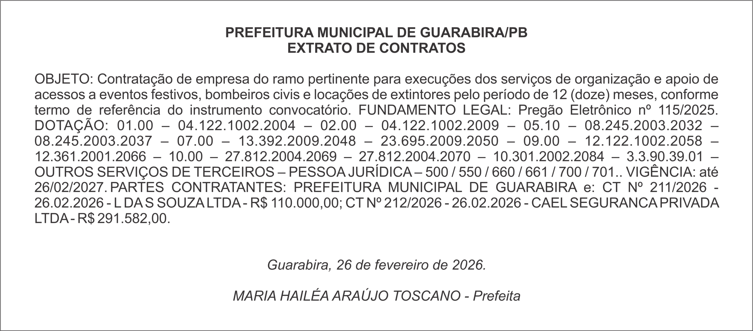 PREFEITURA MUNICIPAL DE GUARABIRA/PB EXTRATO DE CONTRATOS