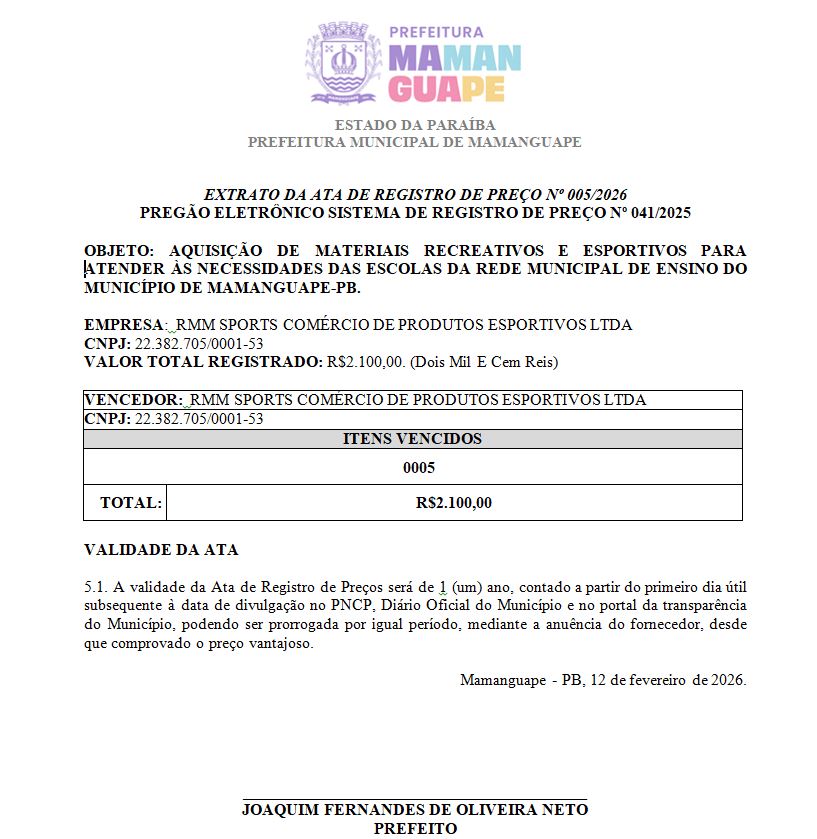 PREFEITURA MUNICIPAL DE MAMANGUAPE  – EXTRATO DA ATA DE REGISTRO DE PREÇO Nº 005/2026