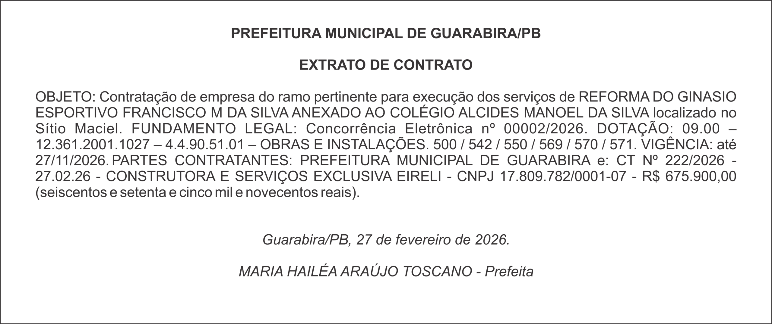 PREFEITURA MUNICIPAL DE GUARABIRA/PB  EXTRATO DE CONTRATO