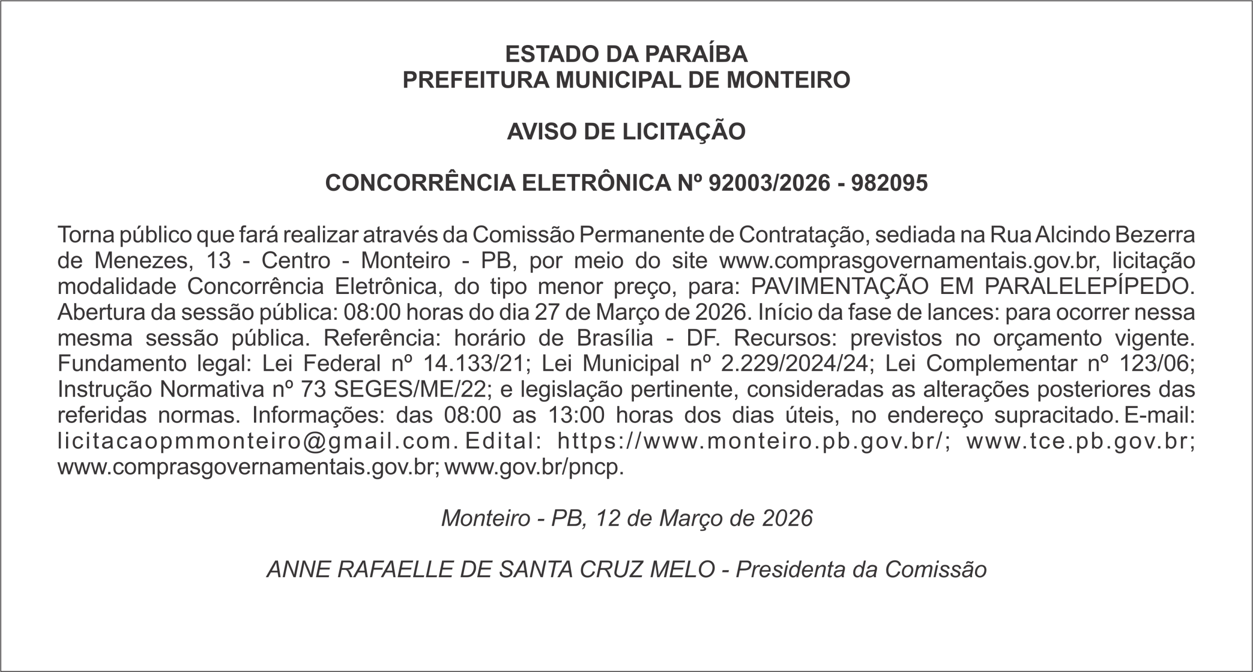 PREFEITURA MUNICIPAL DE MONTEIRO – AVISO DE LICITAÇÃO  CONCORRÊNCIA ELETRÔNICA Nº 92003/2026 – 982095