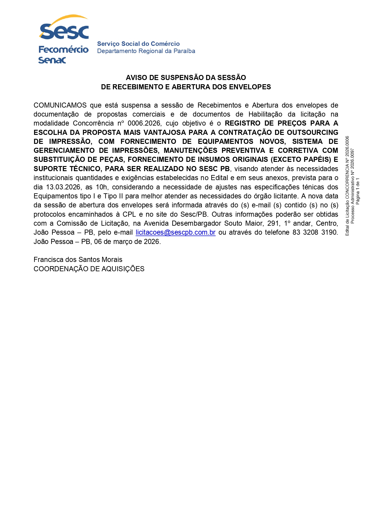 SESC – AVISO DE SUSPENSÃO DA SESSÃO DE RECEBIMENTO E ABERTURA DOS ENVELOPES