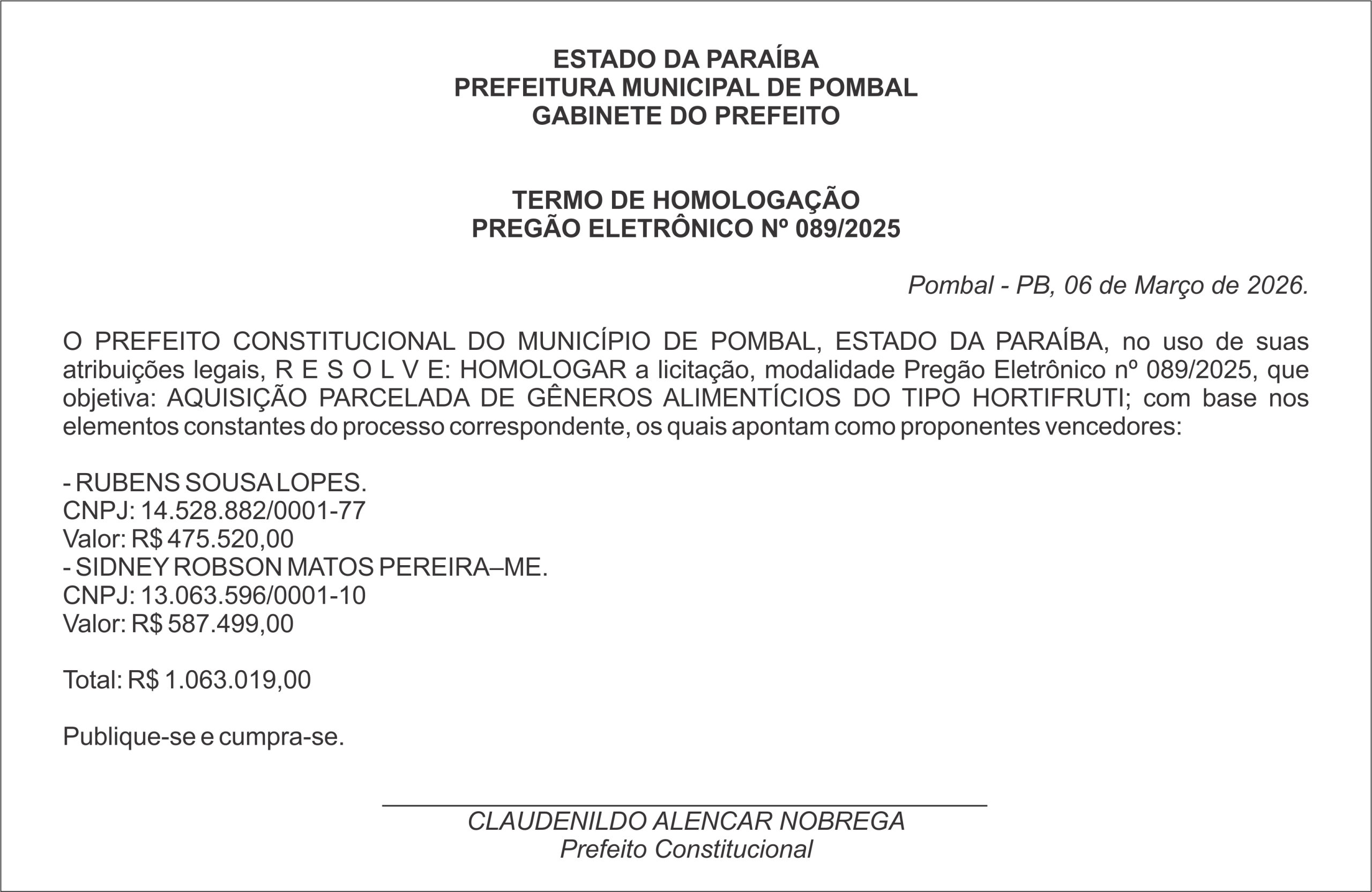 PREFEITURA MUNICIPAL DE POMBAL – TERMO DE HOMOLOGAÇÃO PREGÃO ELETRÔNICO Nº 089/2025