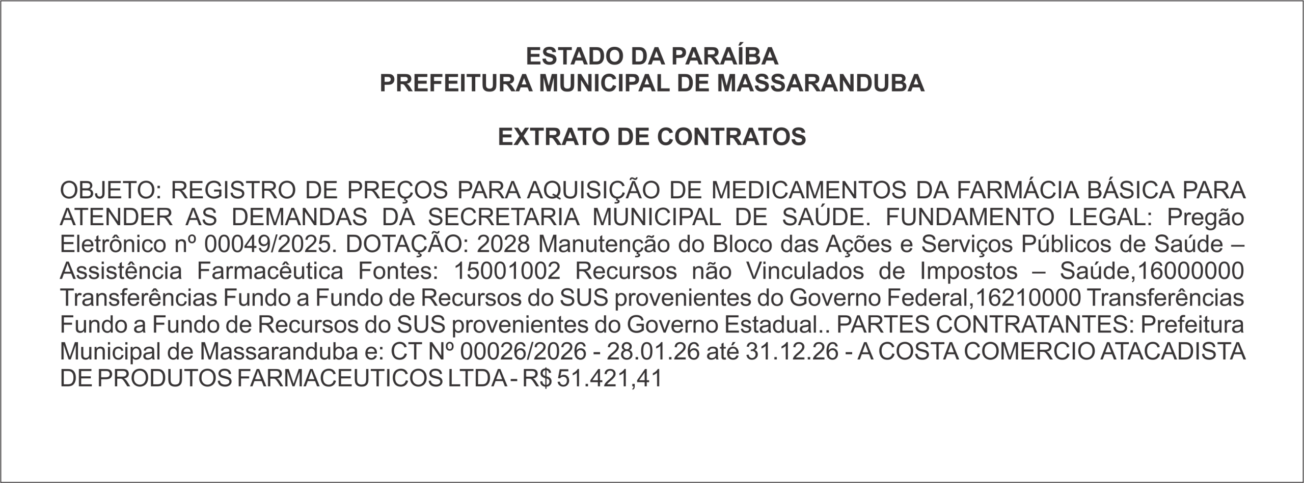 PREFEITURA MUNICIPAL DE MASSARANDUBA – EXTRATO DE CONTRATO