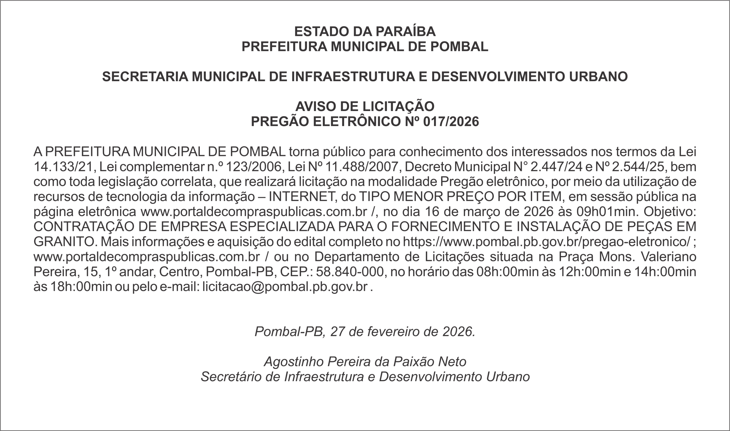 PREFEITURA MUNICIPAL DE POMBAL  – AVISO DE LICITAÇÃO – PREGÃO ELETRÔNICO Nº 017/2026