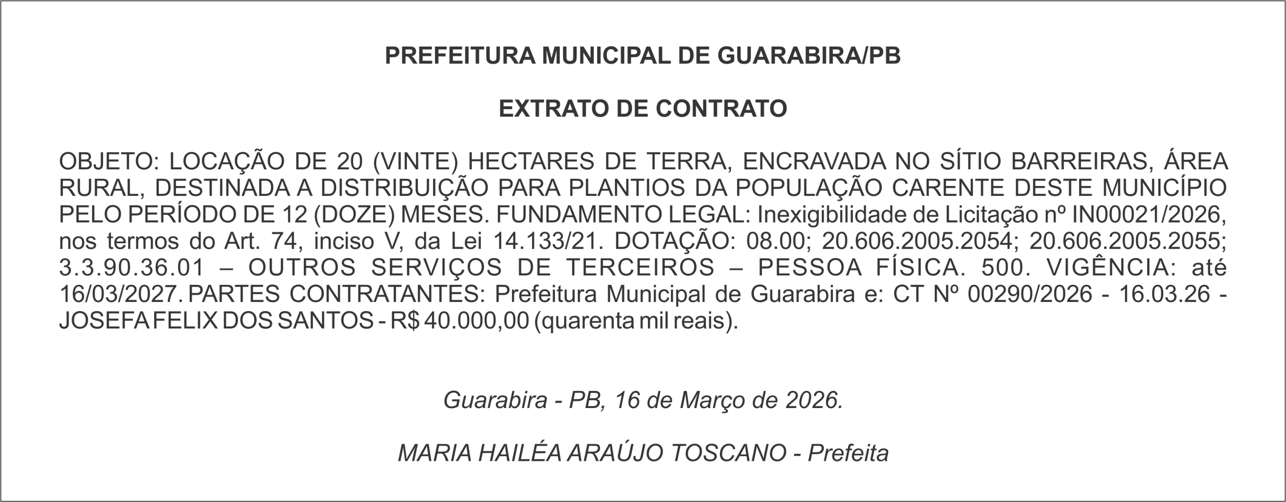 PREFEITURA MUNICIPAL DE GUARABIRA/PB – EXTRATO DE CONTRATO