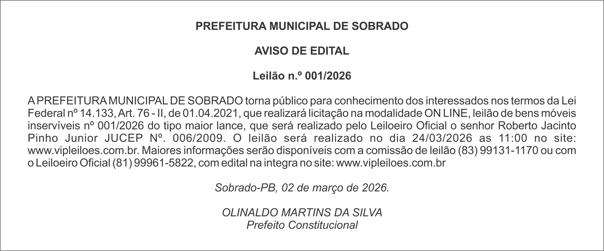 PREFEITURA MUNICIPAL DE SOBRADO – AVISO DE EDITAL – Leilão n.º 001/2026