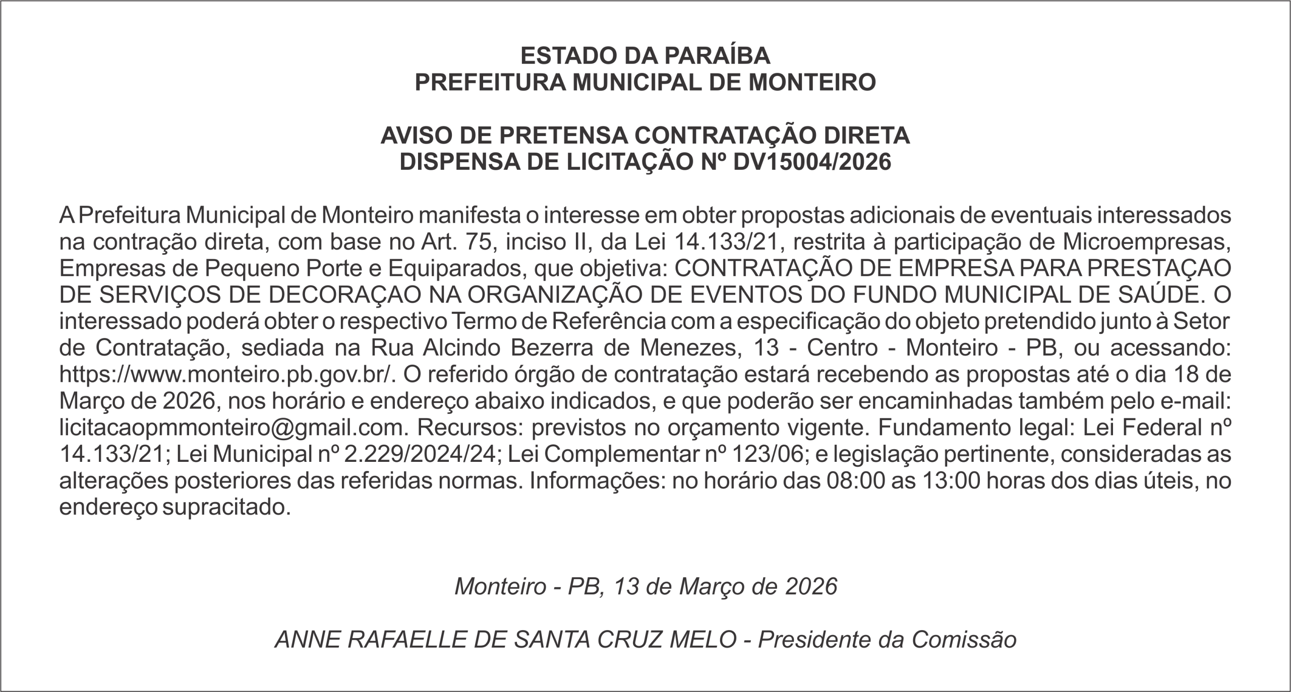PREFEITURA MUNICIPAL DE MONTEIRO – AVISO DE PRETENSA CONTRATAÇÃO DIRETA