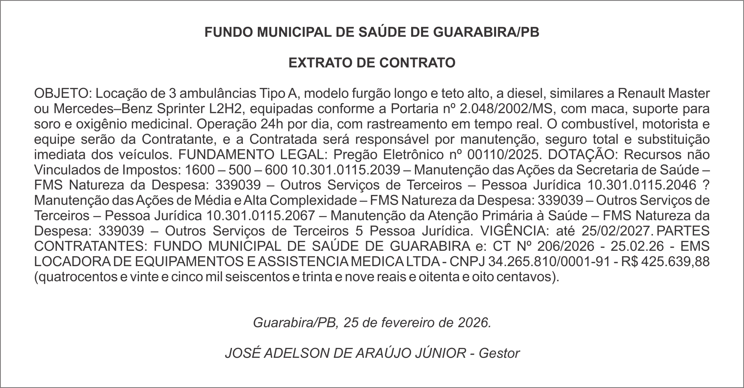 FUNDO MUNICIPAL DE SAÚDE DE GUARABIRA/PB  EXTRATO DE CONTRATO