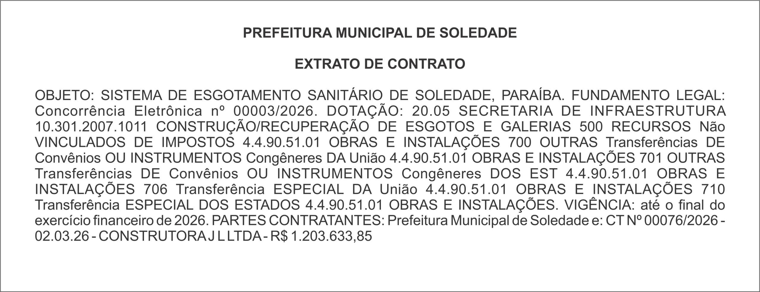 PREFEITURA MUNICIPAL DE SOLEDADE – EXTRATO DE CONTRATO