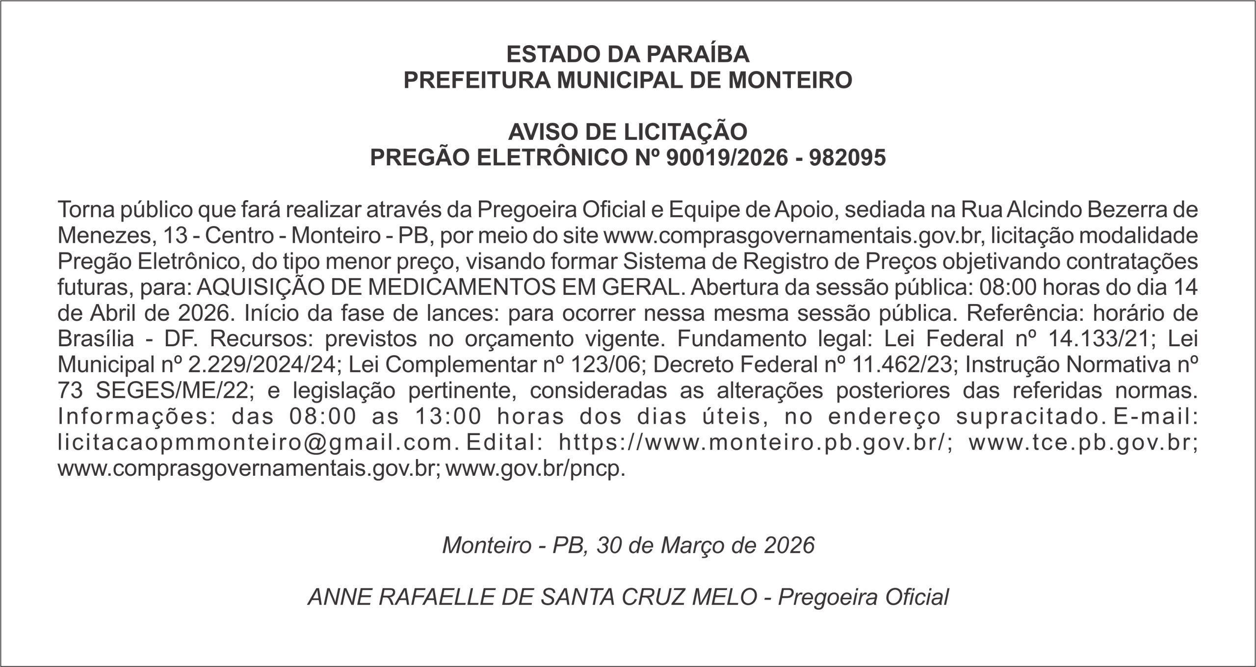 PREFEITURA MUNICIPAL DE MONTEIRO –  AVISO DE LICITAÇÃO PREGÃO ELETRÔNICO Nº 90019/2026 – 982095