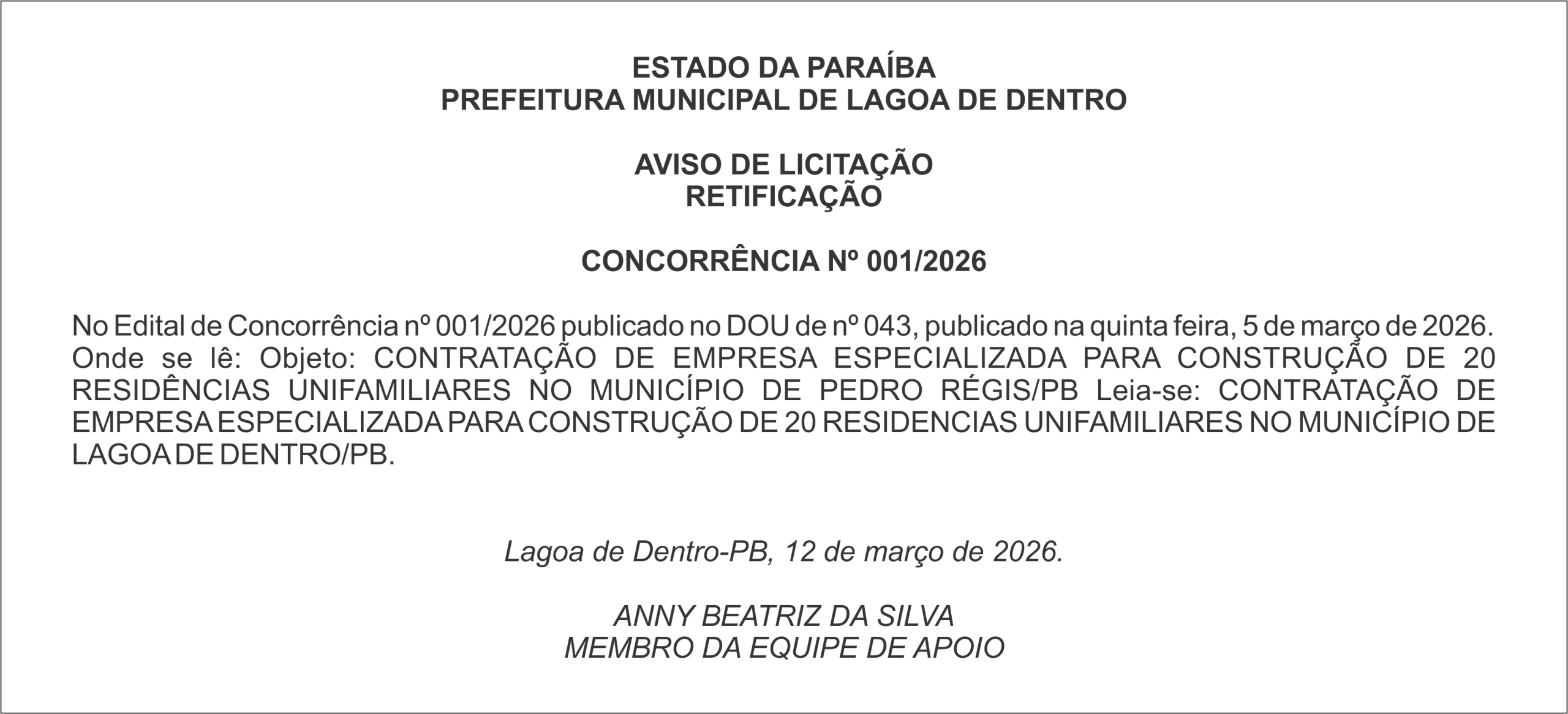 PREFEITURA MUNICIPAL DE LAGOA DE DENTRO  AVISO DE LICITAÇÃO RETIFICAÇÃO  CONCORRÊNCIA Nº 001/2026