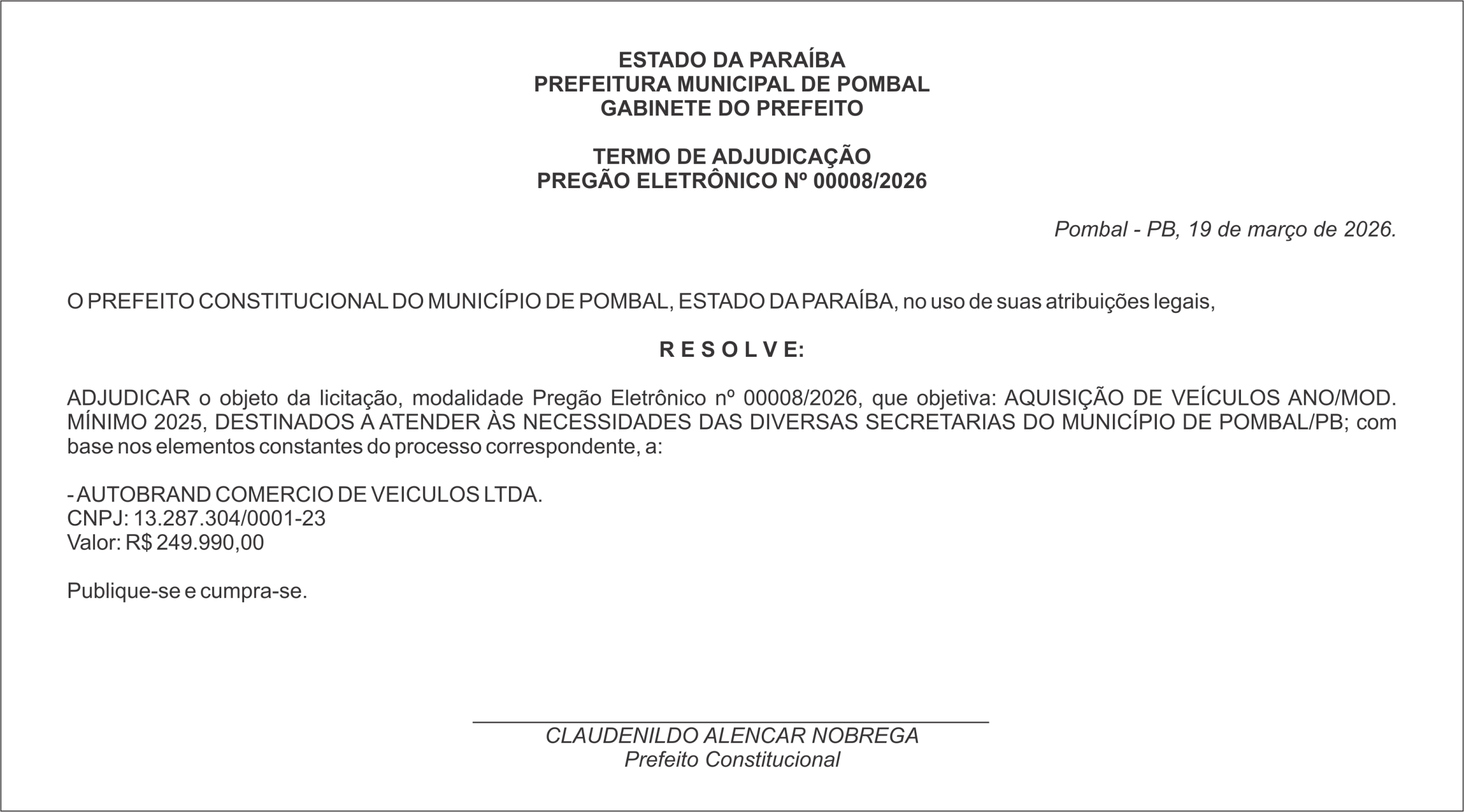 PREFEITURA MUNICIPAL DE POMBAL- TERMO DE ADJUDICAÇÃO – PREGÃO ELETRÔNICO Nº 00008/2026
