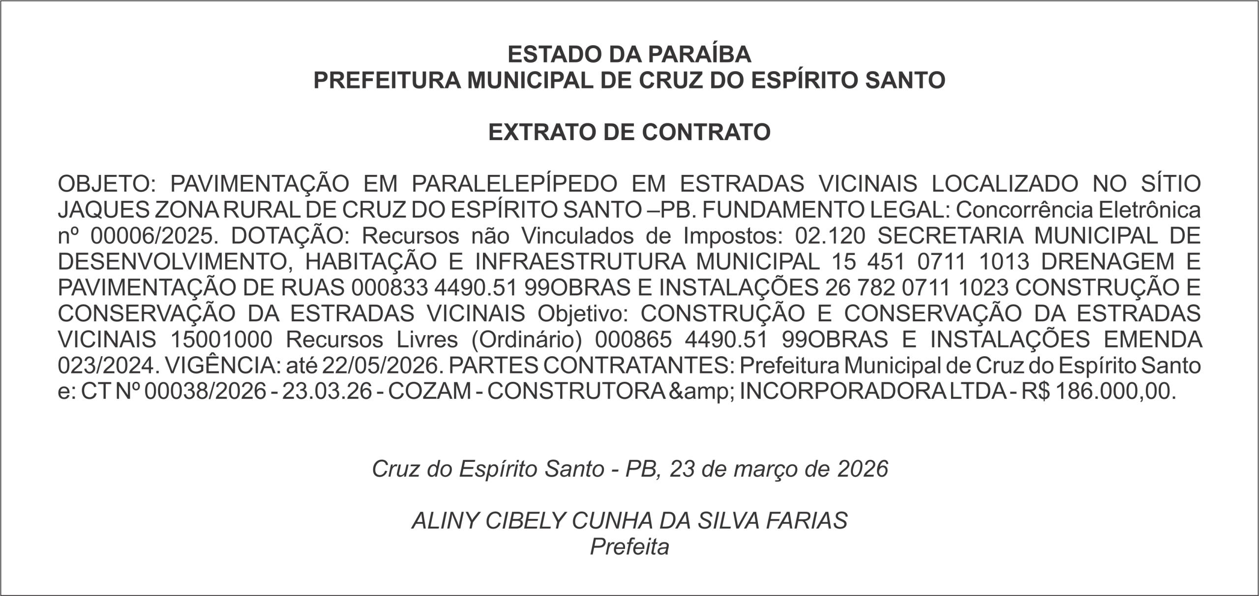 PREFEITURA MUNICIPAL DE CRUZ DO ESPÍRITO SANTO – EXTRATO DE CONTRATO