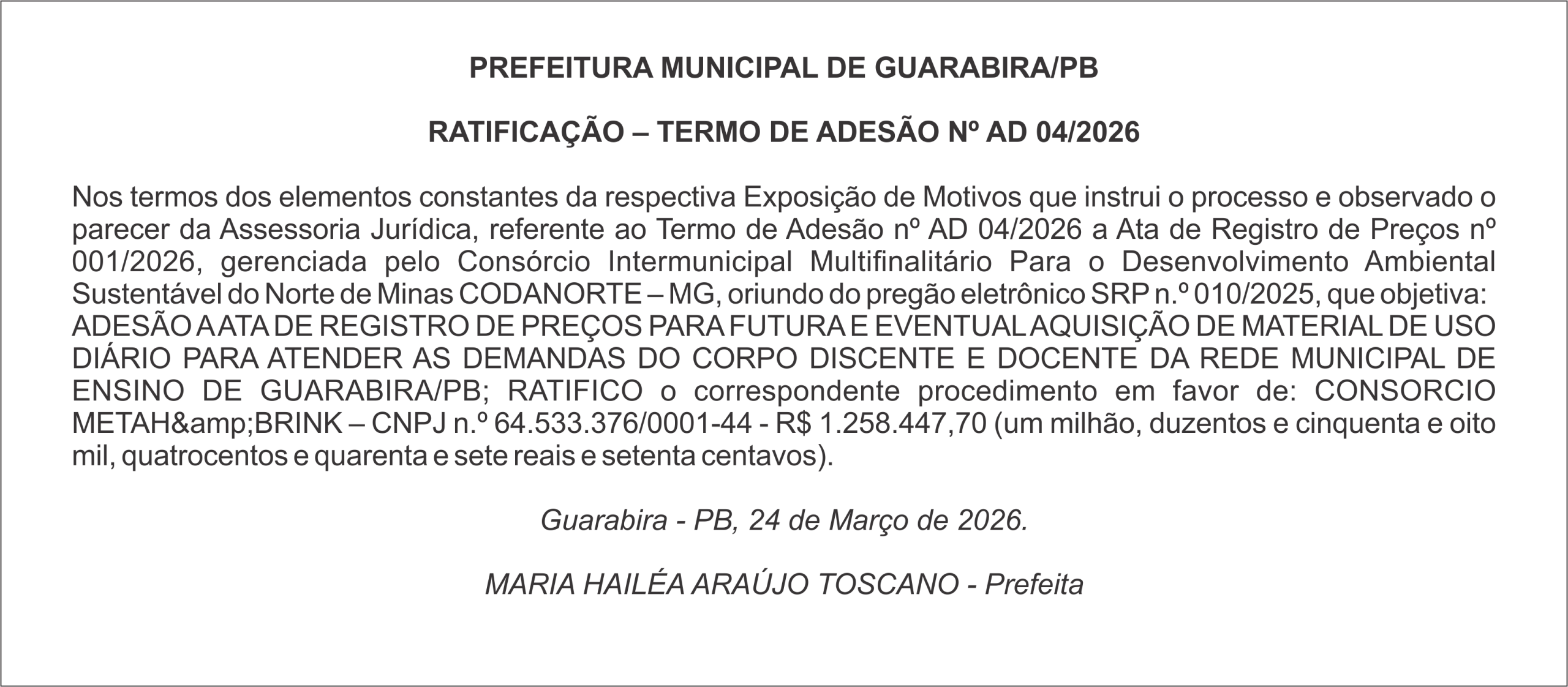 PREFEITURA MUNICIPAL DE GUARABIRA/PB RATIFICAÇÃO – TERMO DE ADESÃO Nº AD 04/2026
