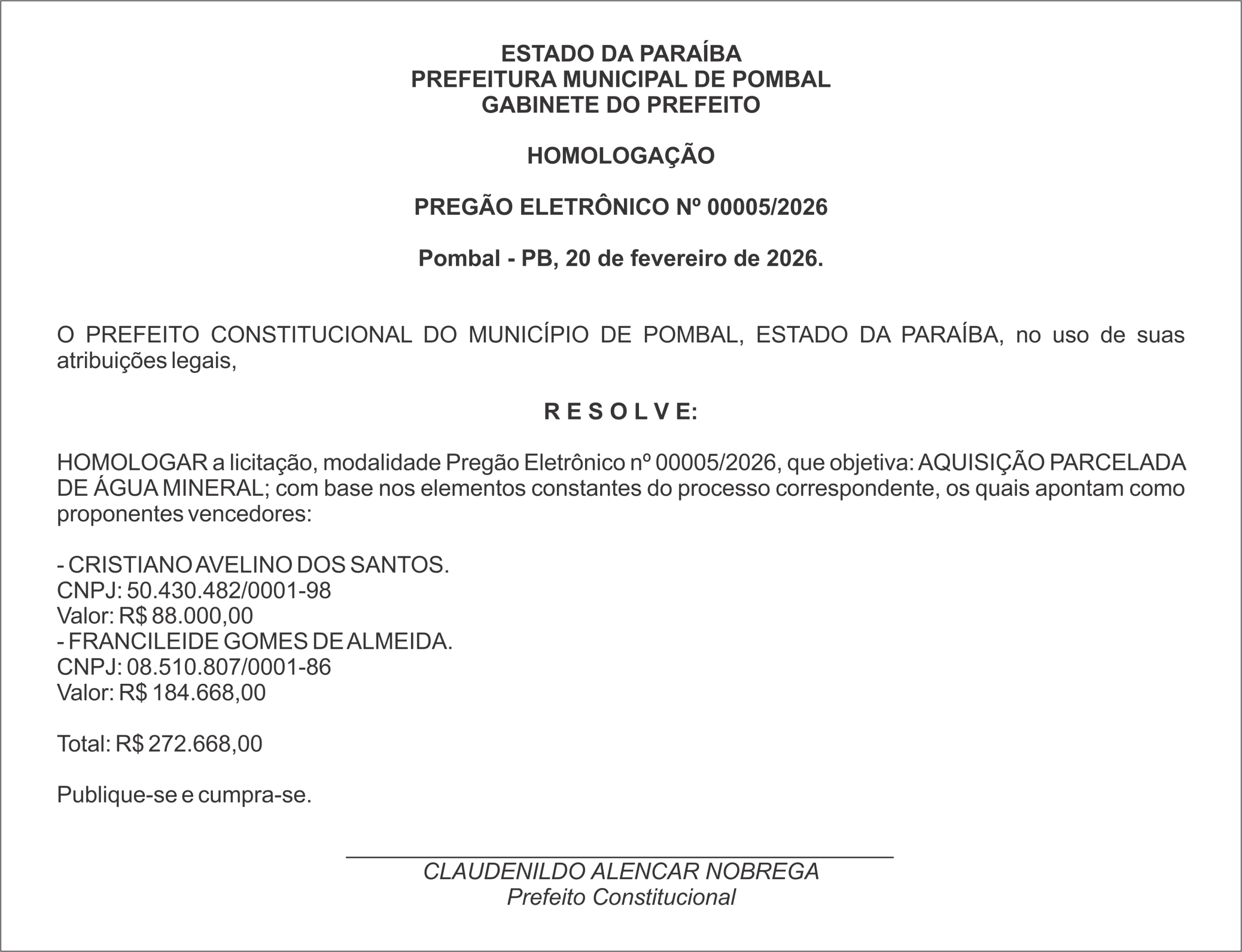 PREFEITURA MUNICIPAL DE POMBAL – HOMOLOGAÇÃO  PREGÃO ELETRÔNICO Nº 00005/2026