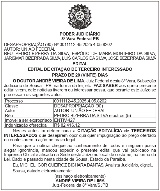 SECRETARIA NACIONAL DE SEGURANÇA HIDRICA – SNSH – MDR – DF – BRASÍLIA – Edital de Citação de Terceiro Interessado – ENTIV-ENTIV-427 (PEDRO BIZERRA DA SILVA e ESPÓLIO DE MARIA MONTEIRO DA SILVA)