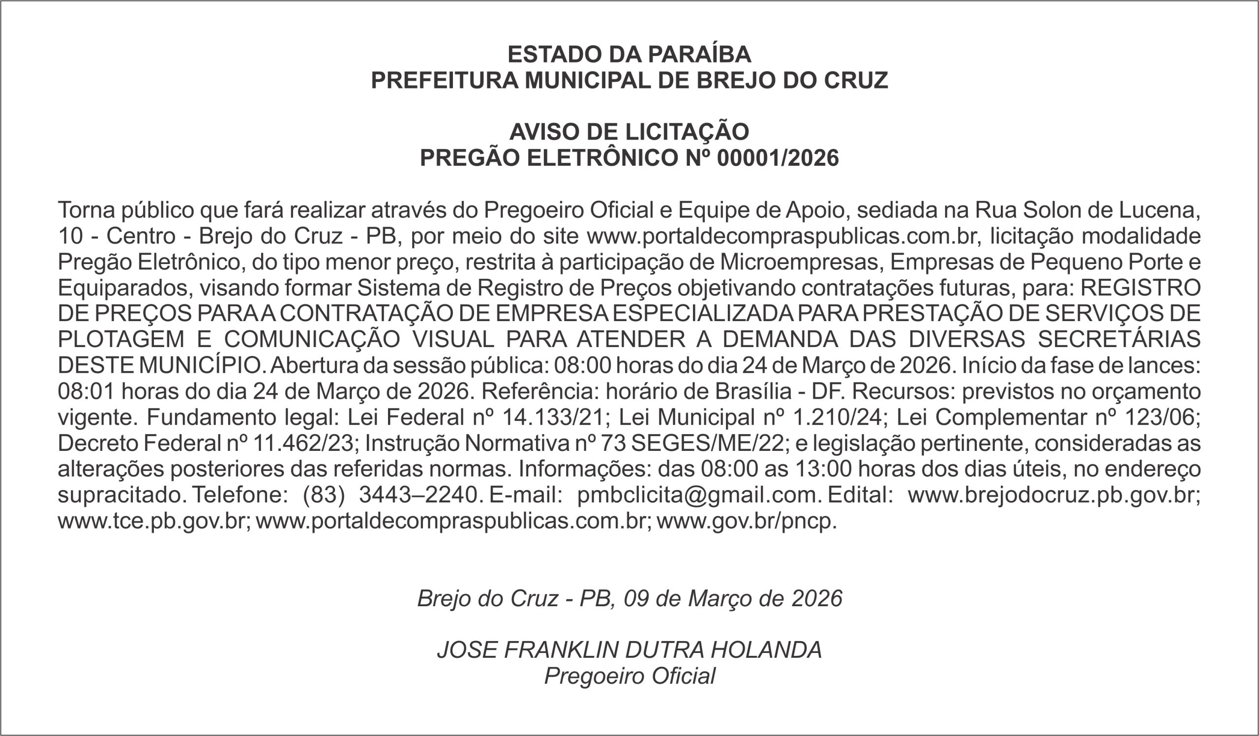 PREFEITURA MUNICIPAL DE BREJO DO CRUZ – AVISO DE LICITAÇÃO PREGÃO ELETRÔNICO Nº 00001/2026