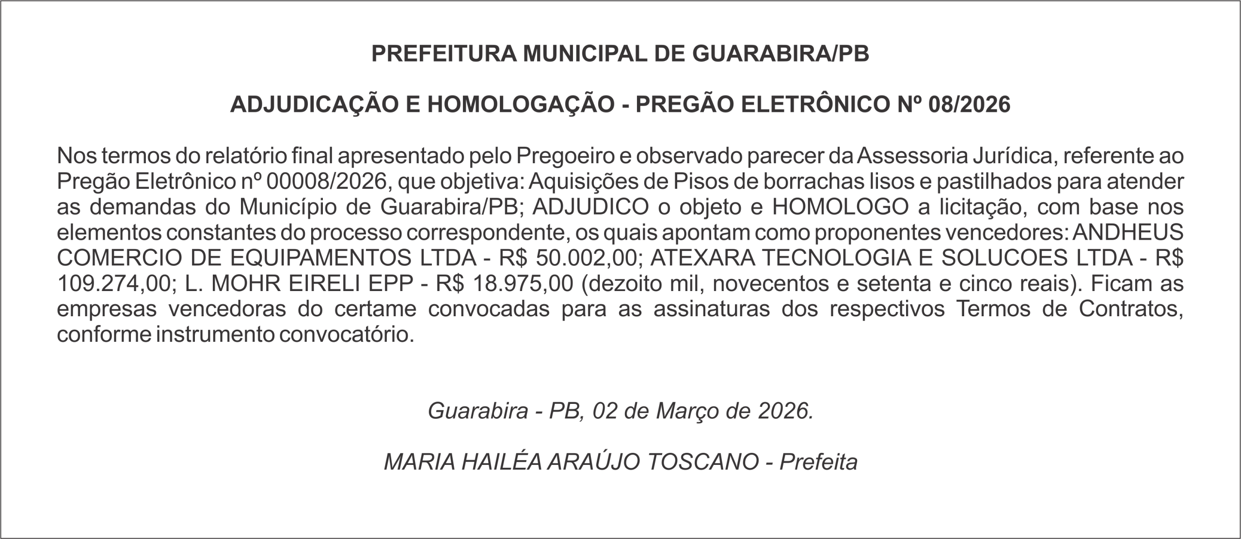 PREFEITURA MUNICIPAL DE GUARABIRA/PB ADJUDICAÇÃO E HOMOLOGAÇÃO – PREGÃO ELETRÔNICO Nº 08/2026