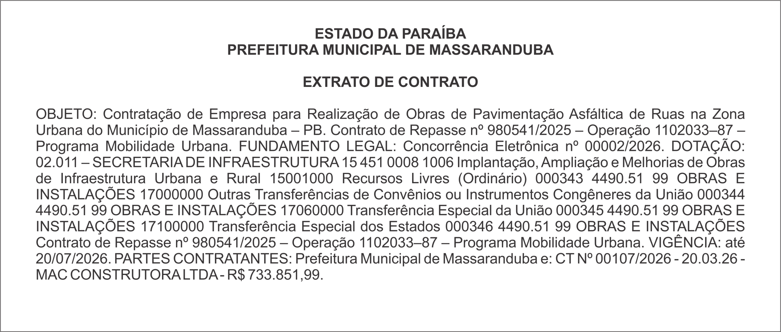 PREFEITURA MUNICIPAL DE MASSARANDUBA – EXTRATO DE CONTRATO