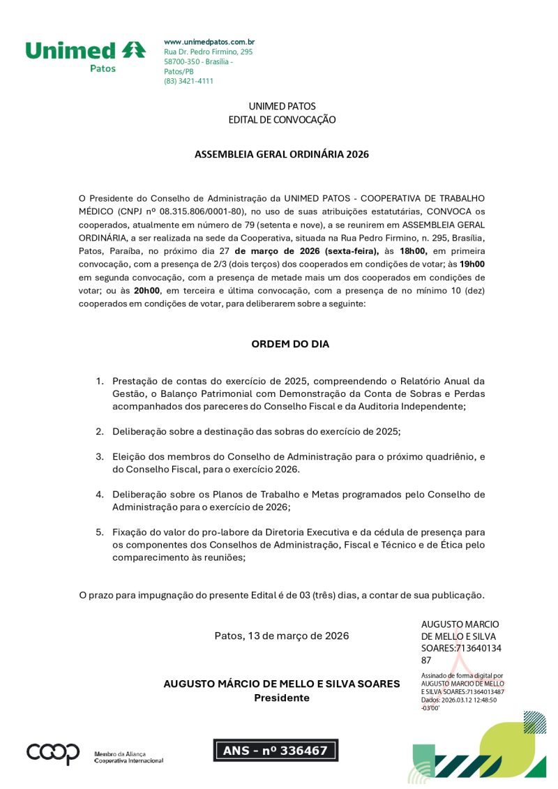 UNIMED PATOS – EDITAL DE CONVOCAÇÃO DE ASSEMBLEIA GERAL ORDINÁRIA 2026