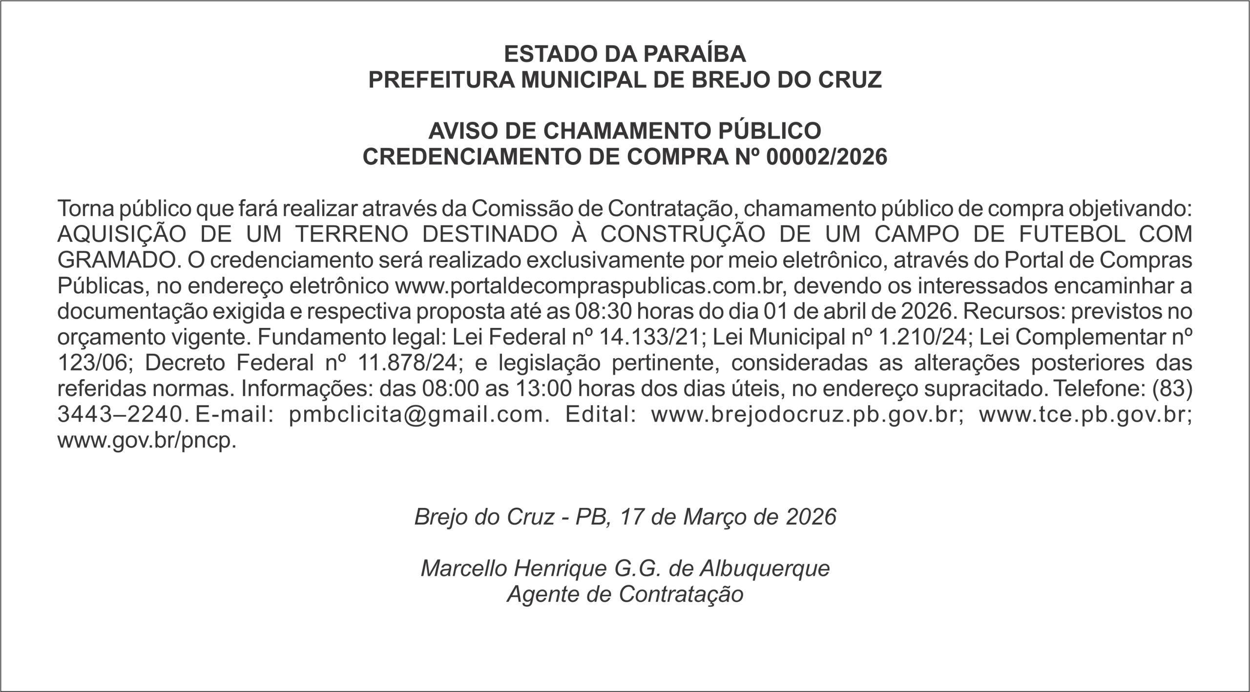 PREFEITURA MUNICIPAL DE BREJO DO CRUZ – AVISO DE CHAMAMENTO PÚBLICO CREDENCIAMENTO DE COMPRA Nº 00002/2026