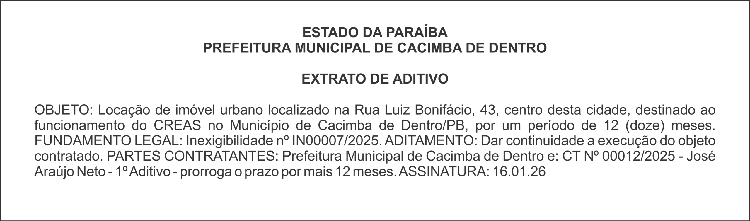 PREFEITURA MUNICIPAL DE CACIMBA DE DENTRO   EXTRATO DE ADITIVO