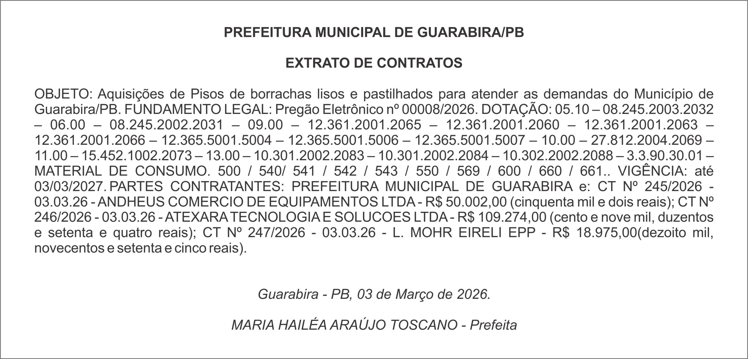 PREFEITURA MUNICIPAL DE GUARABIRA/PB – EXTRATO DE CONTRATO