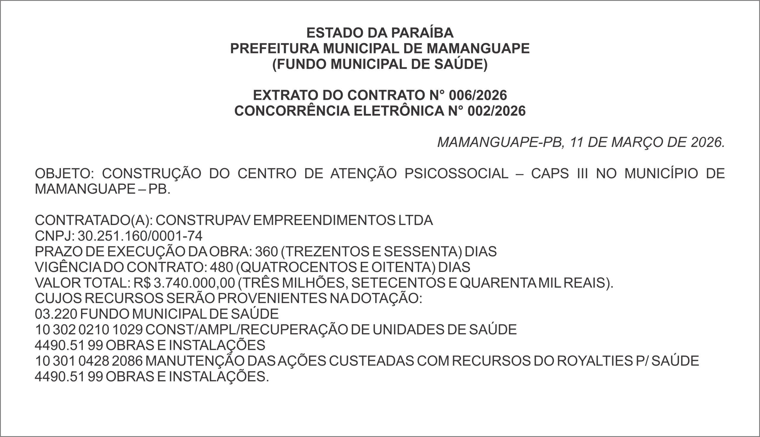 PREFEITURA MUNICIPAL DE MAMANGUAPE – EXTRATO DO CONTRATO N° 006/2026 – CONCORRÊNCIA ELETRÔNICA N° 002/2026