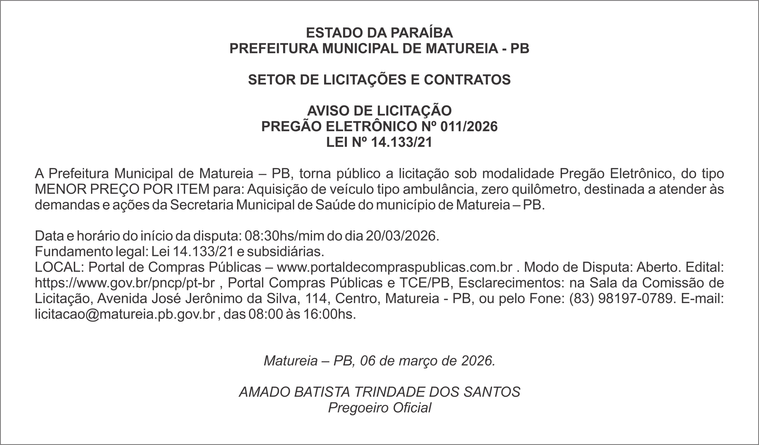 PREFEITURA MUNICIPAL DE MATUREIA – PB  – AVISO DE LICITAÇÃO – PREGÃO ELETRÔNICO Nº 011/2026